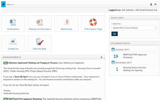 Example of Rent Café Dashboard.